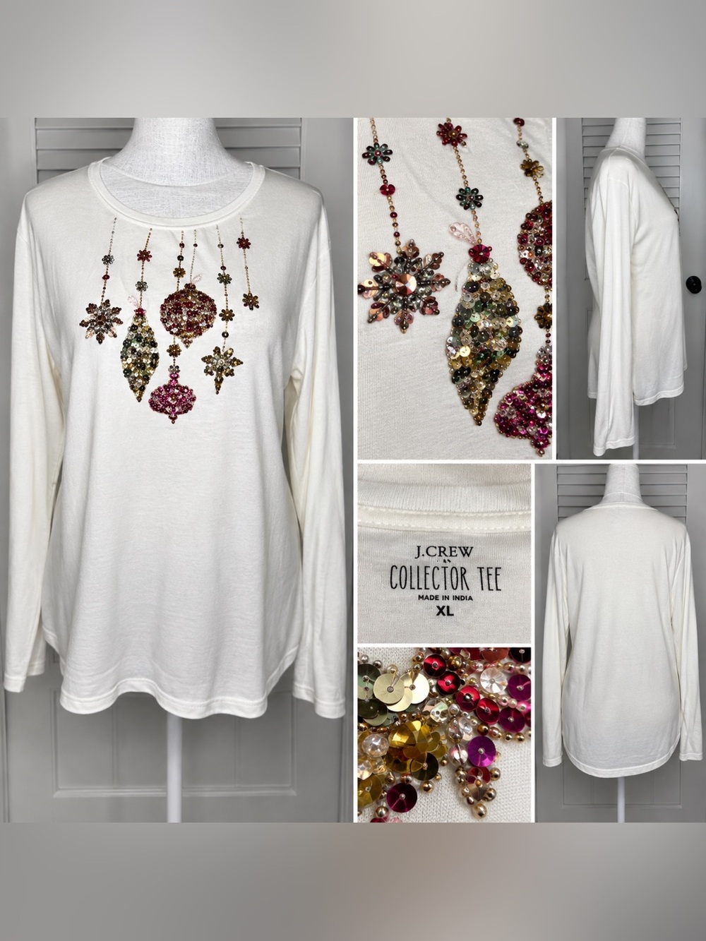 J.Crew Collector Tee XL Ivory Sequin Beaded Holiday Ornament Top